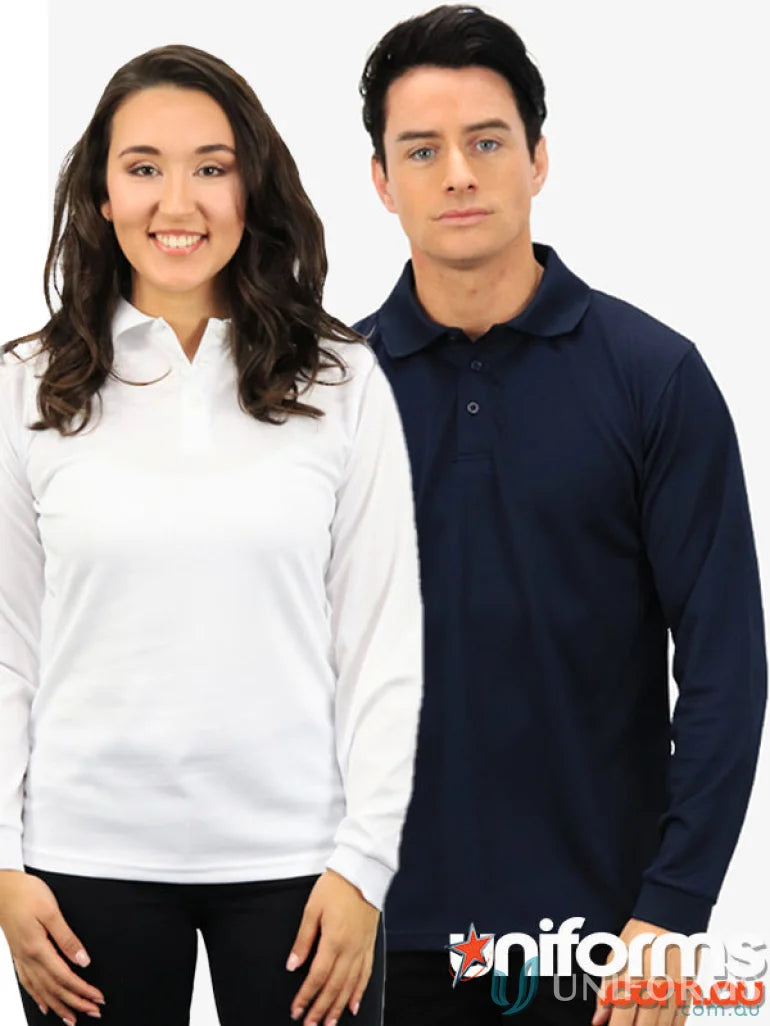 Two people wearing Falcon LS Polo shirts with cooldry moisture management tech