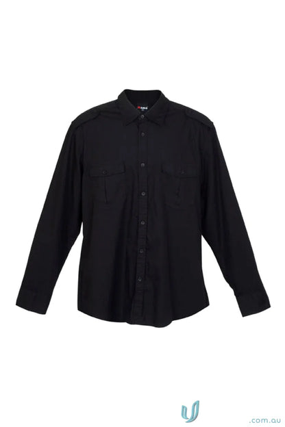 Black long-sleeved button-down shirt from Fashion Military LS Shirt for casual wear