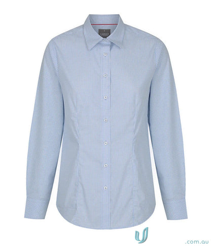 Fawkner Micro Check LS Shirt in light blue checkered cotton with silk protein detail