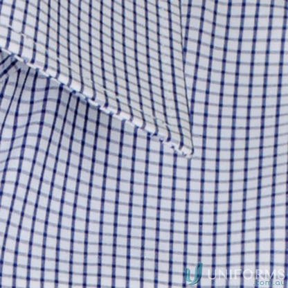 Fawkner Micro Check LS Shirt with blue and white checkered fabric, silk protein easy iron