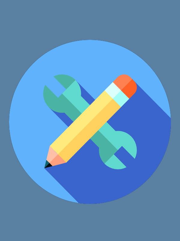 A stylized yellow pencil with orange eraser and green wrench crossed in blue circle icon for custom work uniforms