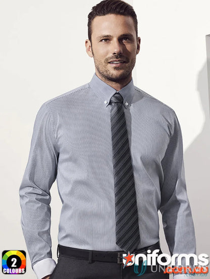 Man in striped dress shirt and tie, perfect for work uniforms from Fifth Avenue Shirt-CLEARANCE