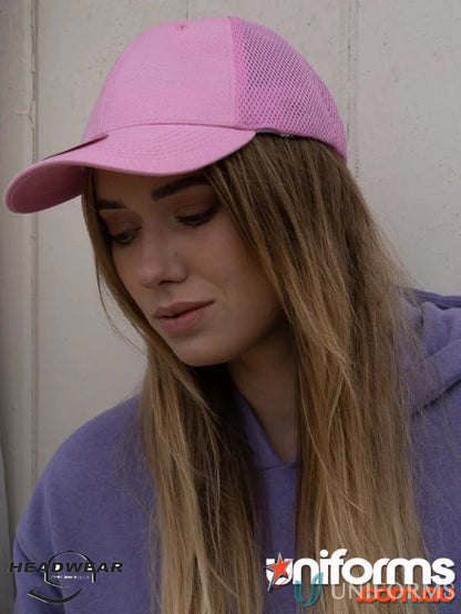 Pink mesh-backed baseball cap perfect for dream fit, uniforms, and workwear styles
