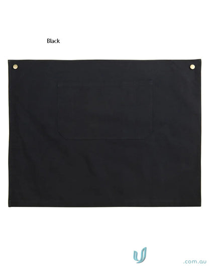 Black rectangular banner on Fitzroy Half Waist Apron with reinforced designer rivets and brass buttons