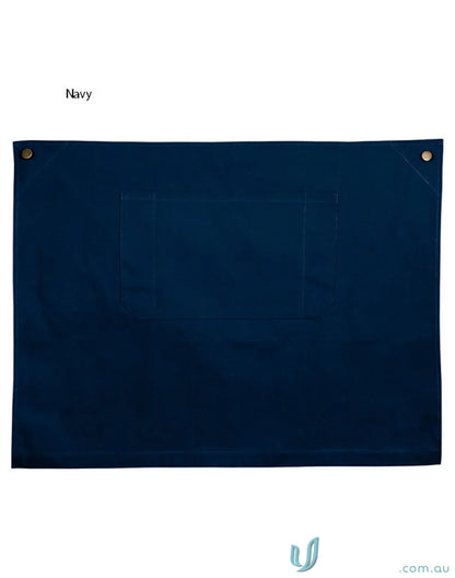 Navy blue canvas wall hanging featuring reinforced designer rivets and brass metal buttons for Fitzroy Half Apron style