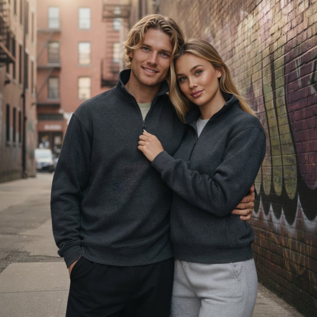 Dark gray half zip fleece jumper with heathered texture and ribbed cuffs perfect for workwear and uniforms