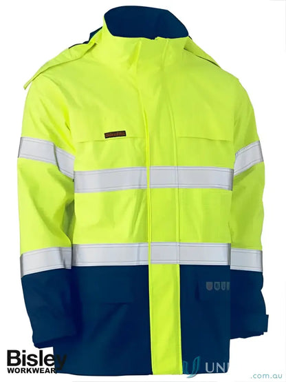High-visibility flame resistant work jacket with reflective stripes and touch tape closure for hazardous environments