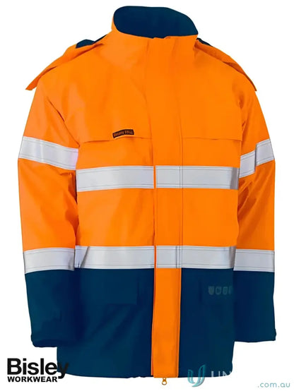Orange and blue flame resistant work jacket with touch tape closure for hazardous environments