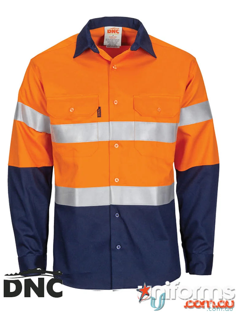 Orange and navy blue flame retardant cotton ARC rated work shirt with reflective tape