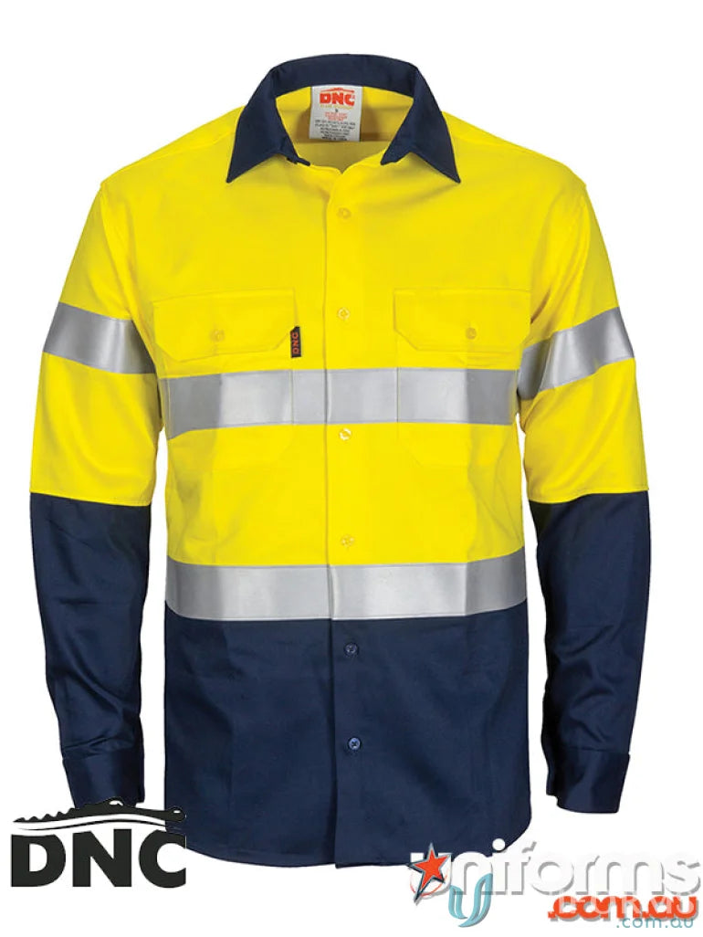 Yellow and navy blue reflective work shirt with flame retardant cotton arc rated tape