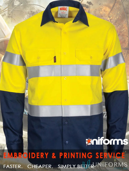 Yellow and navy blue hi-vis cotton ARC rated flame retardant shirt with reflective tape