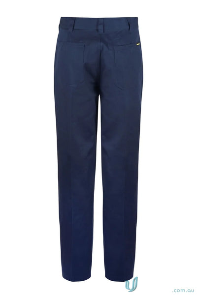 Navy blue cotton drill trouser with reinforced stress points and patch pockets for work