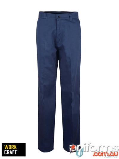 Navy blue cotton drill trouser with reinforced stress points and patch pockets