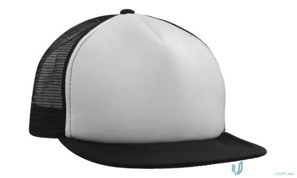 Black and white flat peak trucker mesh cap perfect for uniforms, check our faq link