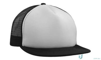 Black and white flat peak trucker mesh cap perfect for uniforms, check our faq link