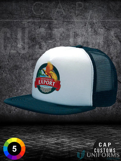 Flat peak trucker mesh cap with South Pacific Export logo, perfect for uniforms faq link