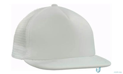Plain white mesh-back trucker hat with flat peak, perfect for uniforms and faq link friendly