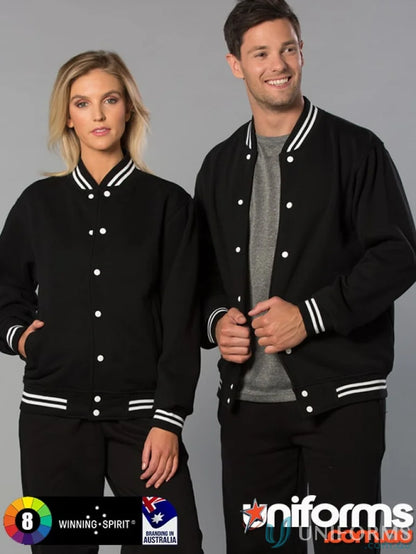 Black fleece varsity jacket with white trim, perfect blend for winning spirit fleece style