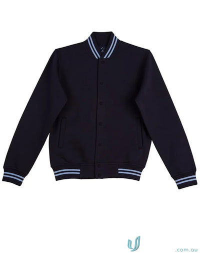 Navy blue fleece varsity jacket with light blue trim, perfect blend of style and warmth