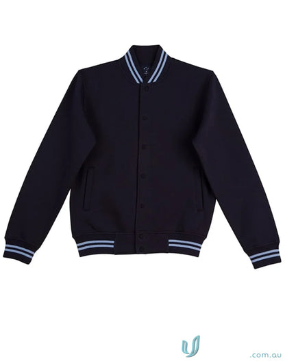Navy blue fleece varsity jacket with light blue trim, perfect blend of style and warmth