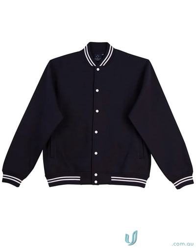 Black fleece varsity jacket with white trim showing the winning spirit fleece design