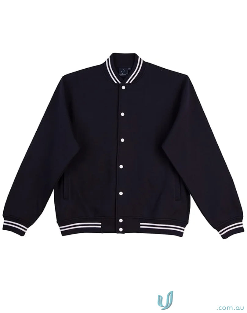 Black fleece varsity jacket with white trim showing the winning spirit fleece design