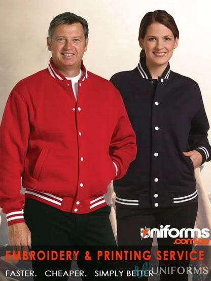 Red and navy blue fleece varsity jacket showing winning spirit fleece and perfect blend style