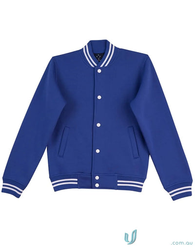 Blue fleece varsity jacket with white trim showcasing winning spirit fleece style perfect blend