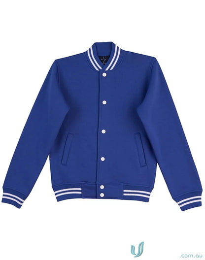 Blue fleece varsity jacket with white trim showcasing winning spirit fleece style perfect blend