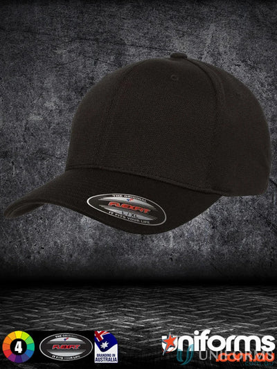 Black fitted baseball cap from Flexfit Cool Dry Sports Cap collection for sporty style