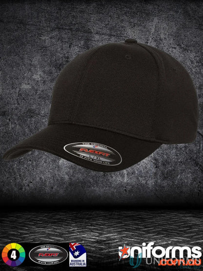 Black fitted baseball cap from Flexfit Cool Dry Sports Cap collection for sporty style