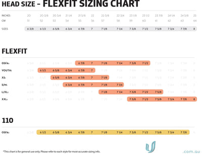 Head size chart for Flexfit Flat Peak Cotton Twill Snapback, perfect for uniforms and workwear