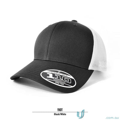 Black and white Flexfit Mesh Back Cap for branding, uniforms, or workwear comfort
