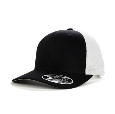 Flexfit mesh back trucker cap in black and white for workwear branding