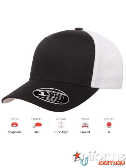 Black and white FlexFit Mesh Snap Back Cap with curved brim for sporty style