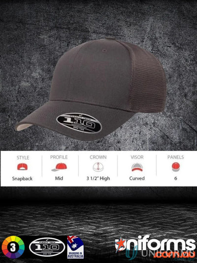 Dark gray FlexFit Mesh Snap Back Cap with curved brim for stylish comfort