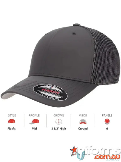 Gray Flexfit Mesh Trucker Cap showing a stylish flexfit mesh trucker hat