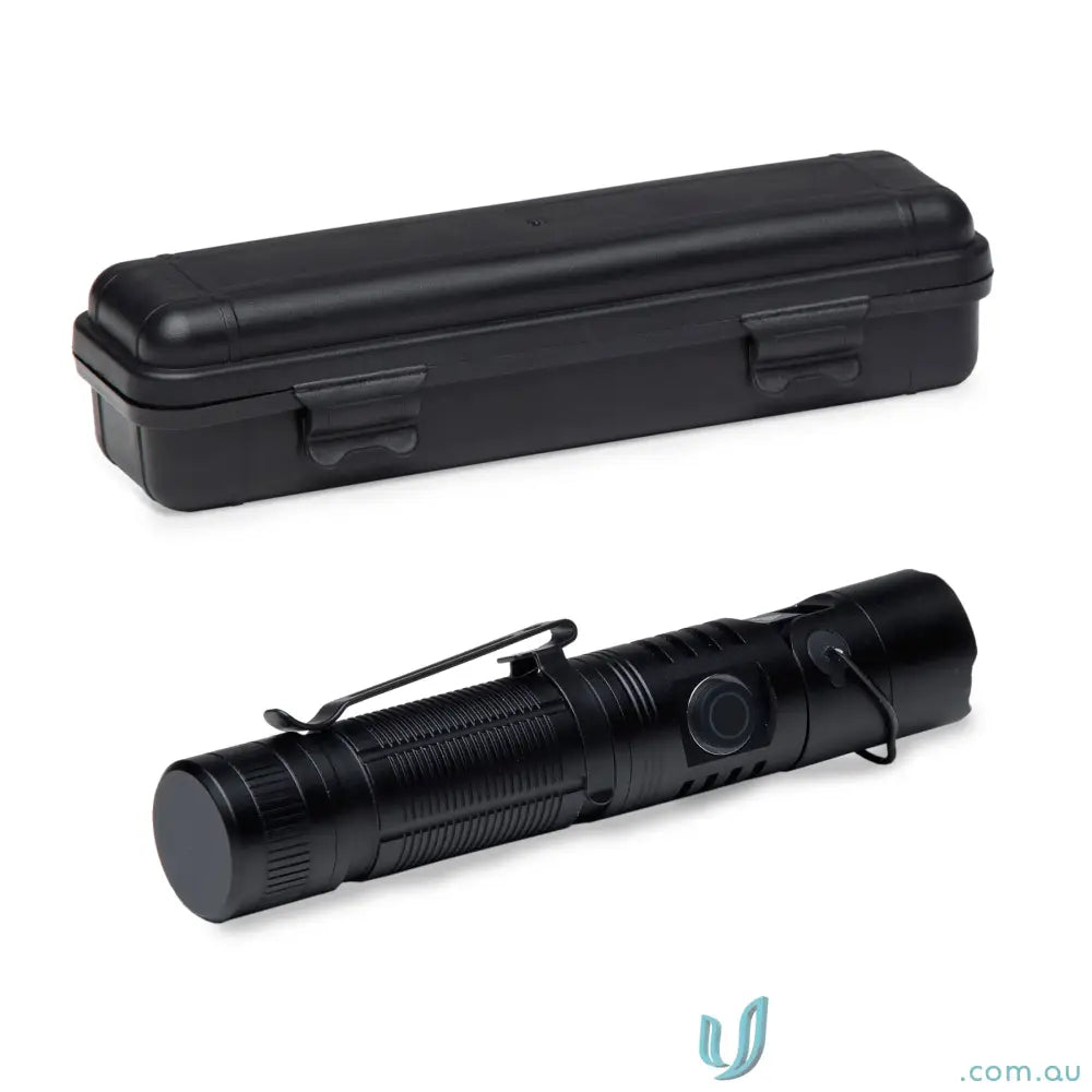Black tactical flashlight with magnetic base and protective carrying case for workwear