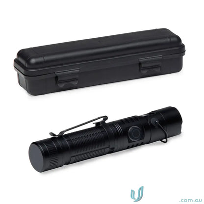 Black tactical flashlight with magnetic base and protective carrying case for workwear