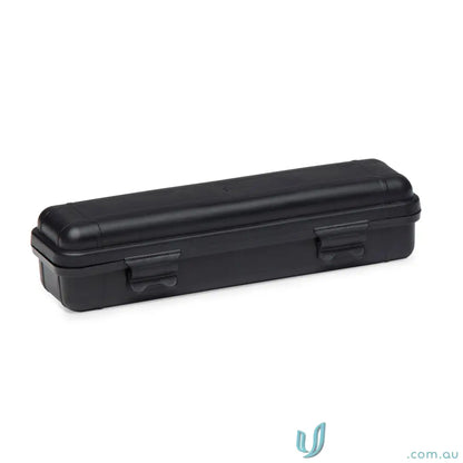 Black plastic storage case with latches for FlexLight Torch with magnetic base and workwear use