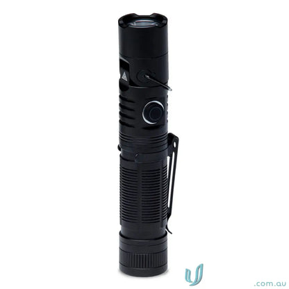Black metal tactical flashlight with magnetic base for workwear and uniforms