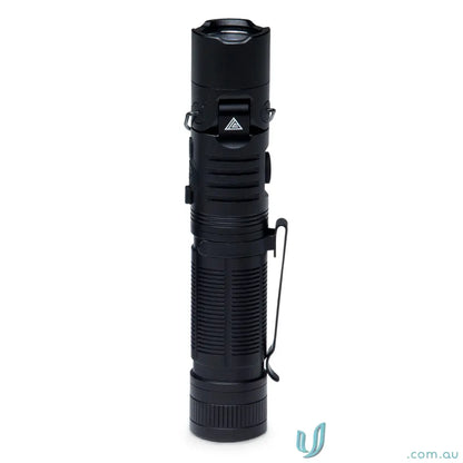 Black tactical flashlight with textured grip and magnetic base for workwear and uniforms