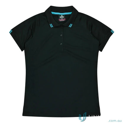 Black Flinders Polo with turquoise accents ideal for work uniforms and casual uniforms