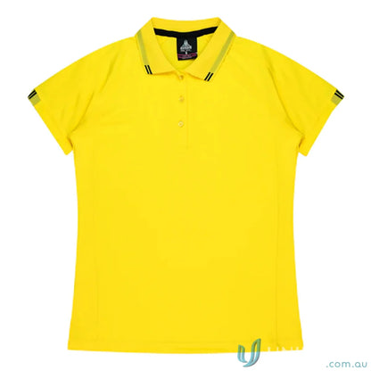 Yellow Flinders Polo shirt with striped collar and sleeve trim, perfect for work uniforms