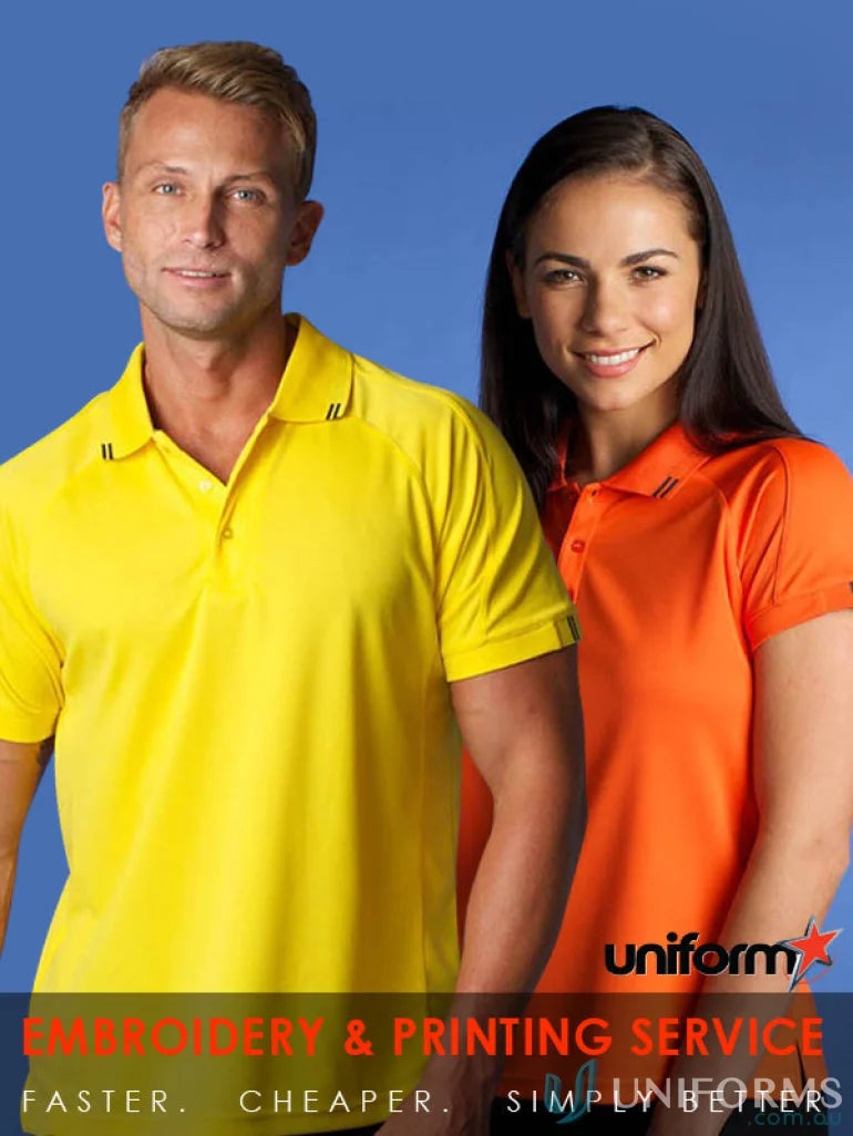 Man and woman wearing Flinders Polo work uniforms for casual or workplace wear