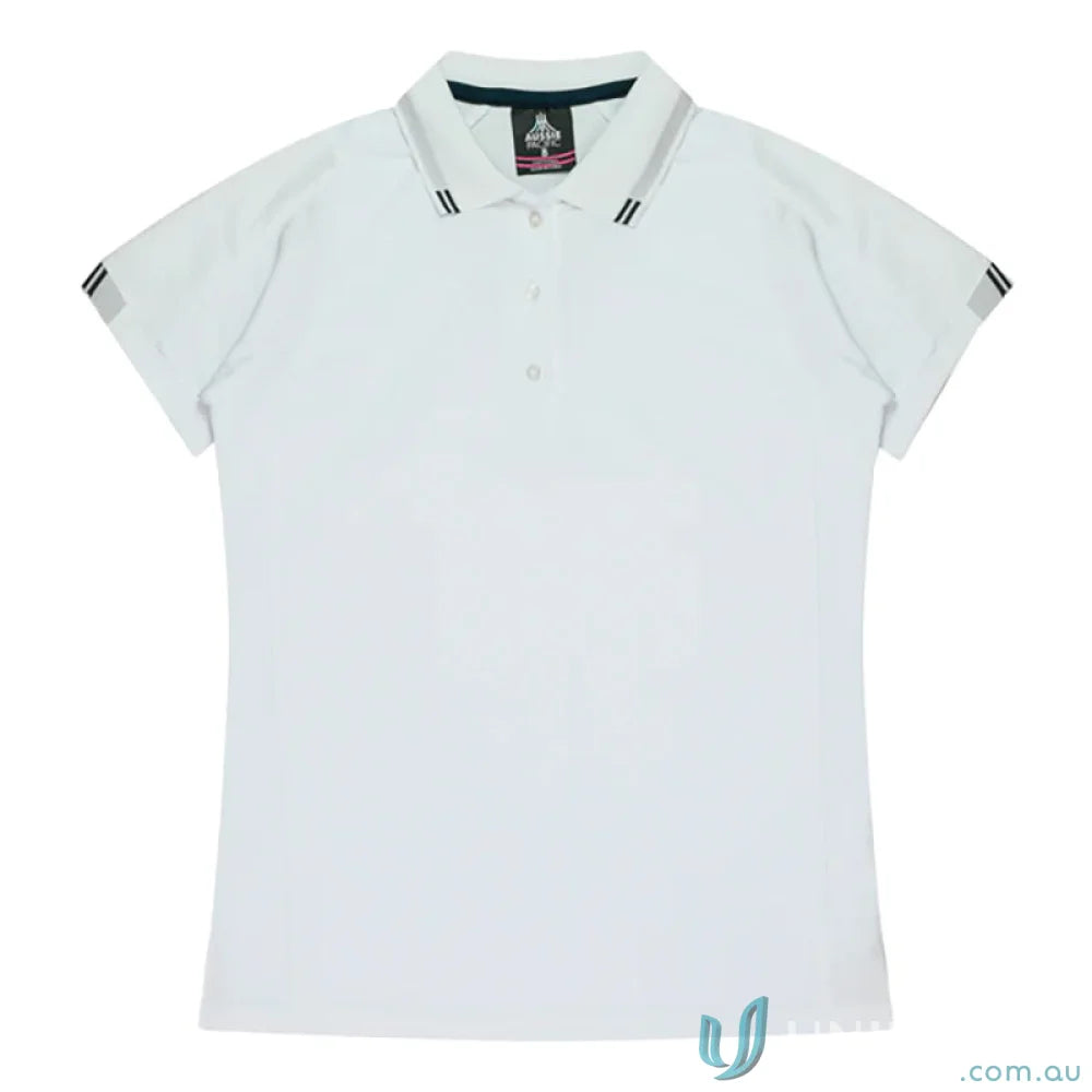 White Flinders Polo shirt with striped collar and sleeves perfect for work uniforms