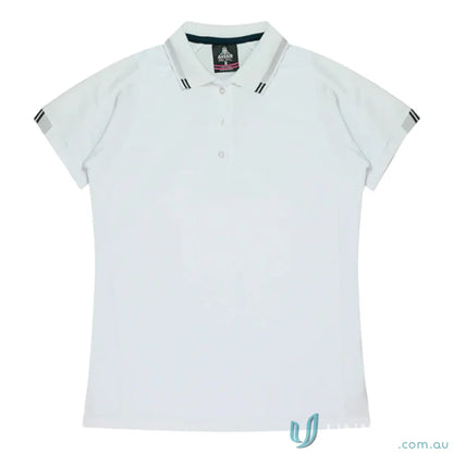 White Flinders Polo shirt with striped collar and sleeves perfect for work uniforms