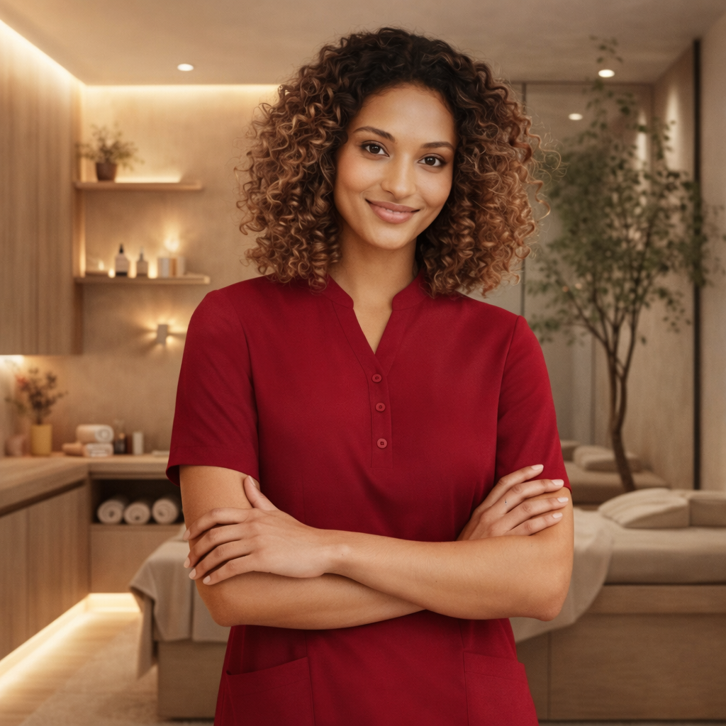 BizCare Florence Plain tunic: woman in red v-neck short sleeve scrub top