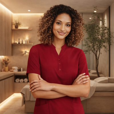 BizCare Florence Plain tunic: woman in red v-neck short sleeve scrub top