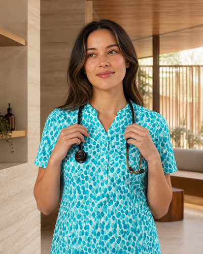 Florence Stardust Print Tunic on Australian healthcare professional